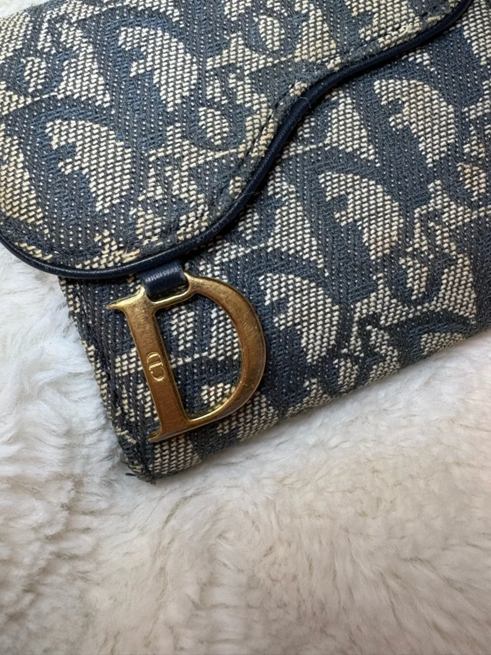 Dior Navy & Beige Monogram Mini Wallet with Gold 'D' Accent